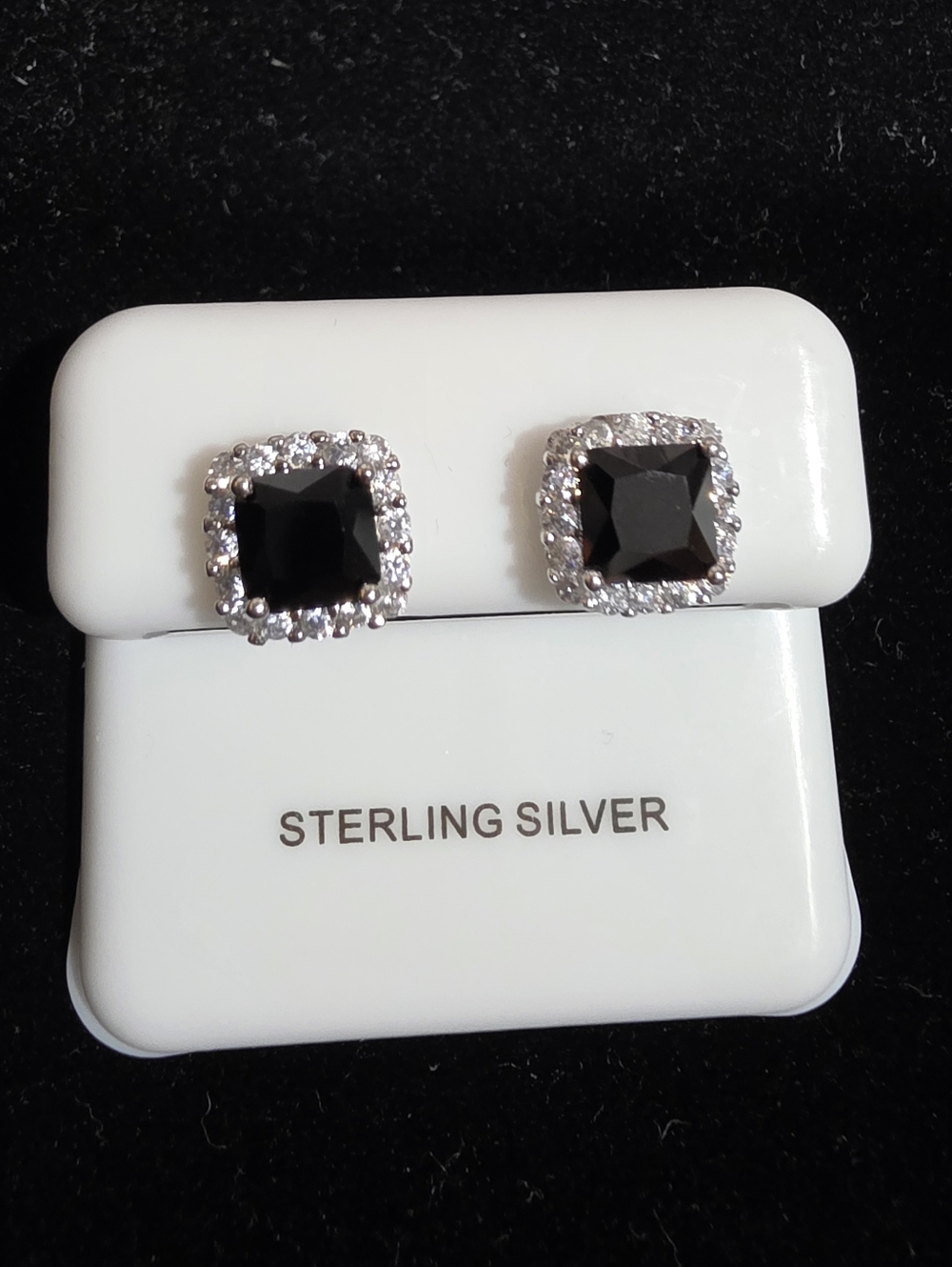 NEW Sterling Silver Black Square Halo Stud Earrings